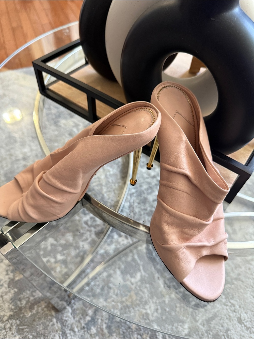 Tom Ford Blush Ruched Peep-Toe Mule Heels with Gold Stiletto